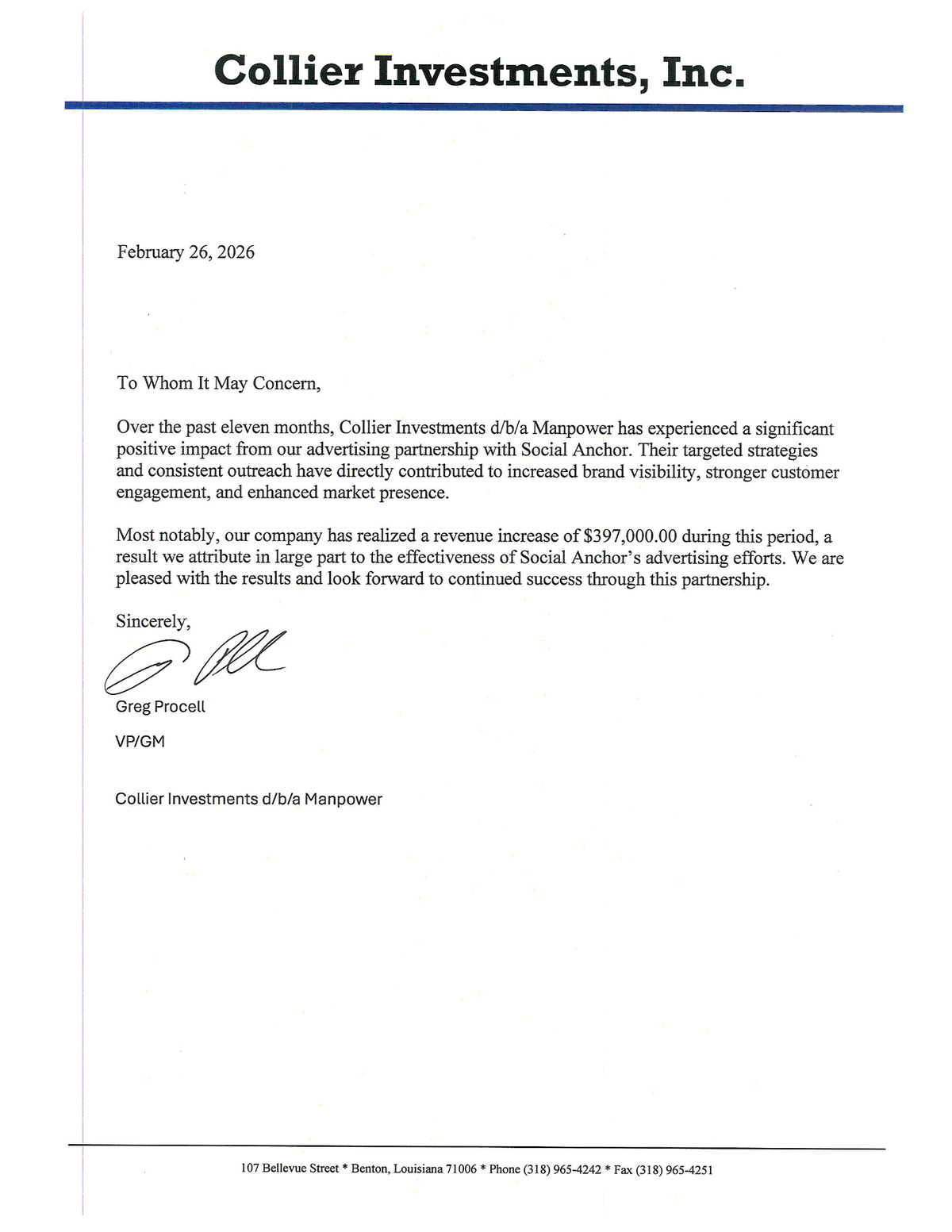 Letter from Greg Procell of Collier Investments d/b/a Manpower documenting $397,000 in revenue attributable to Social Anchor over eleven months